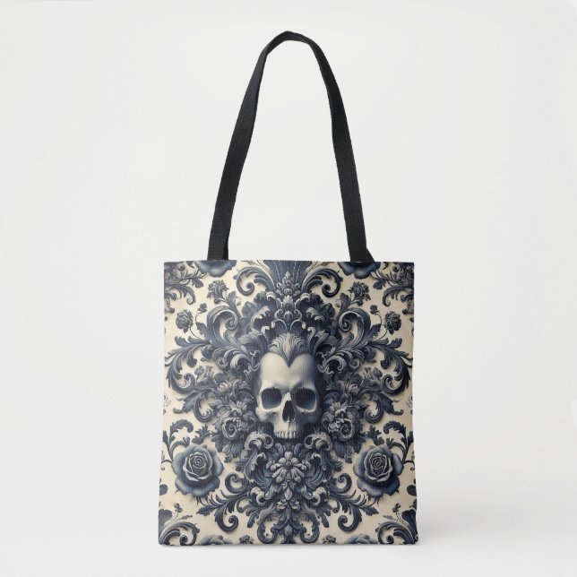 Tote Bag Punk baroque - Crâne gothique Damas Floral (Devant)
