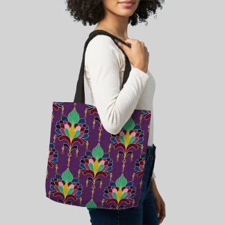 Tote Bag Purple and Gold Art Deco Floral Ornament
