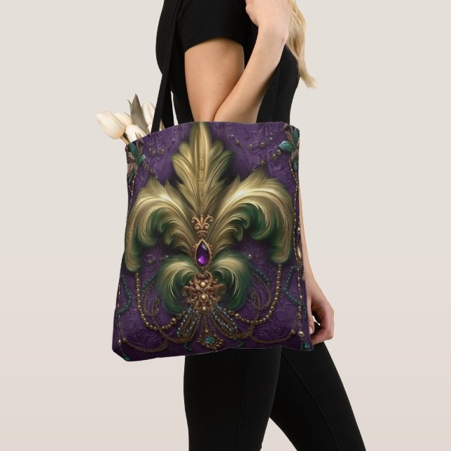 TOTE BAG PURPLE AVEC VERT & OR MARDI GRAS FLEUR DI LIS (De près)