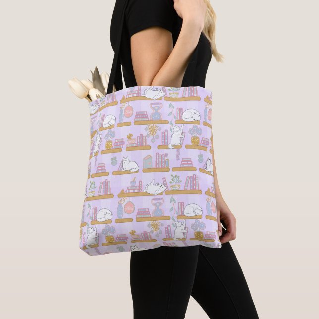 Tote Bag Purple Cats Library Book Cute Girl Pastel Reader (De près)