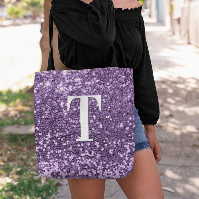 Tote Bag Purple Faux Parties scintillant Bokeh Sparkles Mon (Purple Chunky Glitter Monogram Tote Bag)