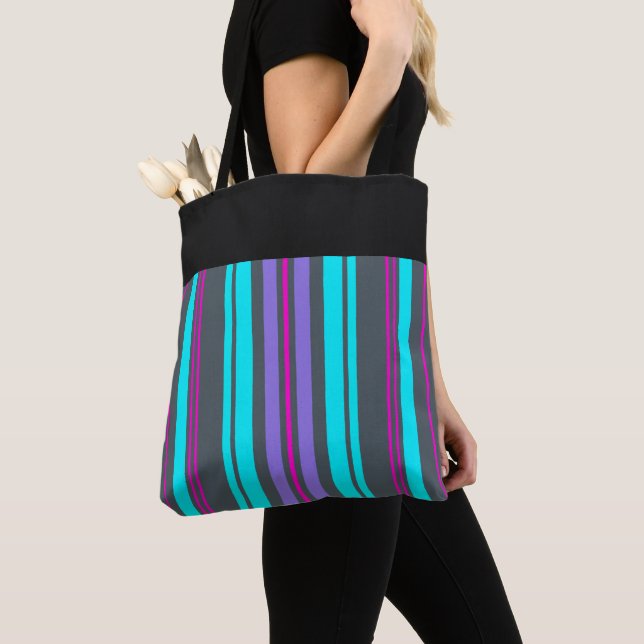 Tote Bag Purple Magenta Turquoise Gris rayures (De près)