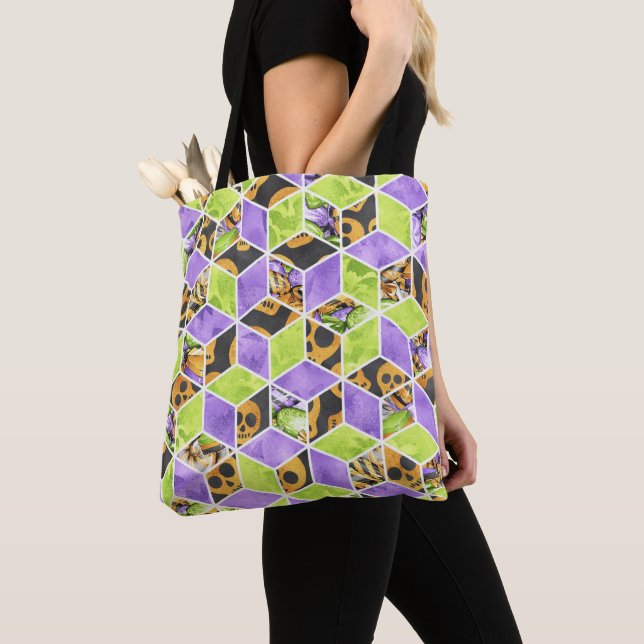 TOTE BAG PURPLE NOIR ORANGE VERT DIAMOND MOTIF (De près)