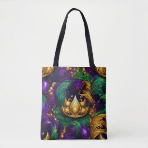 TOTE BAG PURPLE OR VERT MARDI GRAS CROWN & FEATHERS