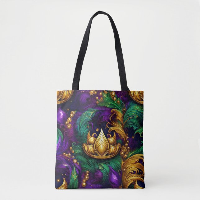 TOTE BAG PURPLE OR VERT MARDI GRAS CROWN & FEATHERS (Devant)