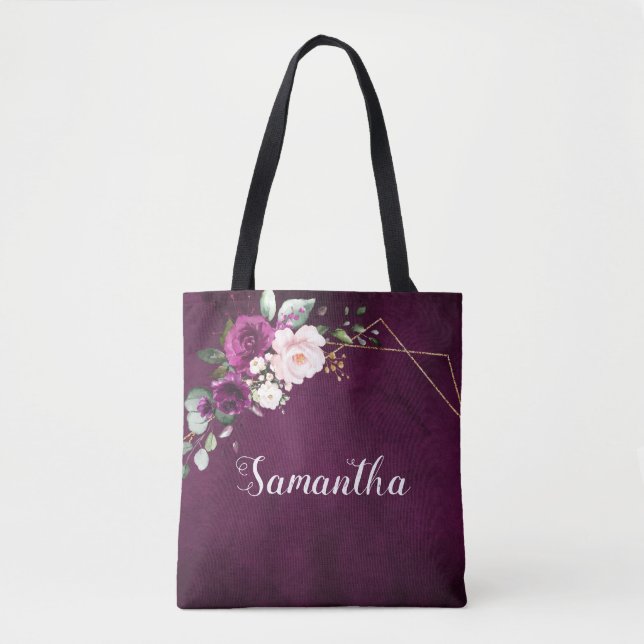 Tote Bag Purple Plum Blush rose Floral Bridesmaid cadeau Fo (Devant)