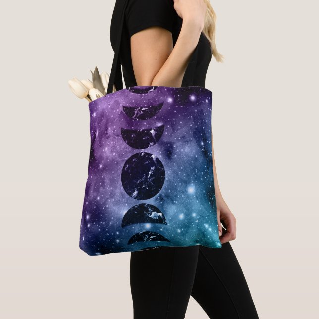 Tote Bag Purple Turquoise Galaxy Nebula Dream Moon Phases # (De près)