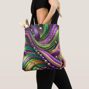 TOTE BAG PURPLE VERT OR MARDI GRAS VAGUES & PAIES