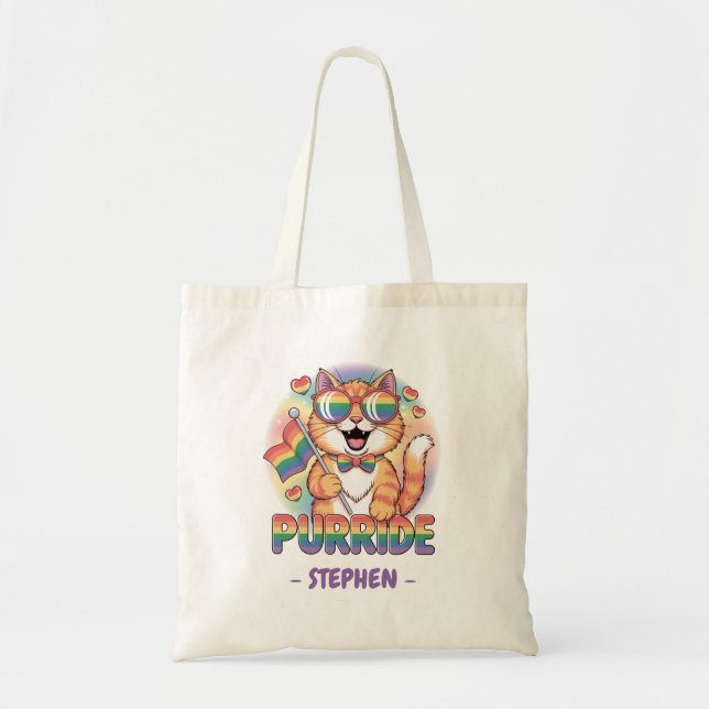 Tote Bag Purride - Chat orange avec drapeau LGBTQ Pride (Devant)
