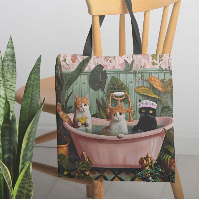 Tote Bag Purrs et bulles : Une scène de bain chatte (Style up with this kitschy, tote bag, bursting with vibrant colors and playfulness)