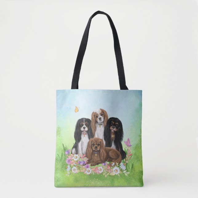 Tote Bag Quatre Espagnols Cavalier Roi Charles en Fleurs   (Devant)
