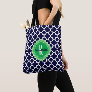 Tote Bag Quatrefoil Marine Blue Green Monogramme Nom