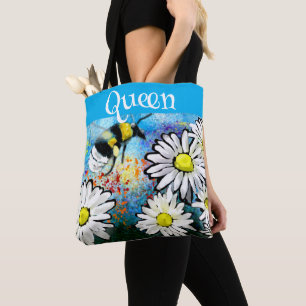 Tote Bag Queen Bee Whimsical Bumblebee Daisies Personnalisé