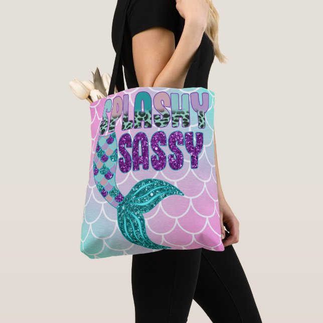 Tote Bag Queue de sirène rose violet vert Splashy Sassy Fém (De près)