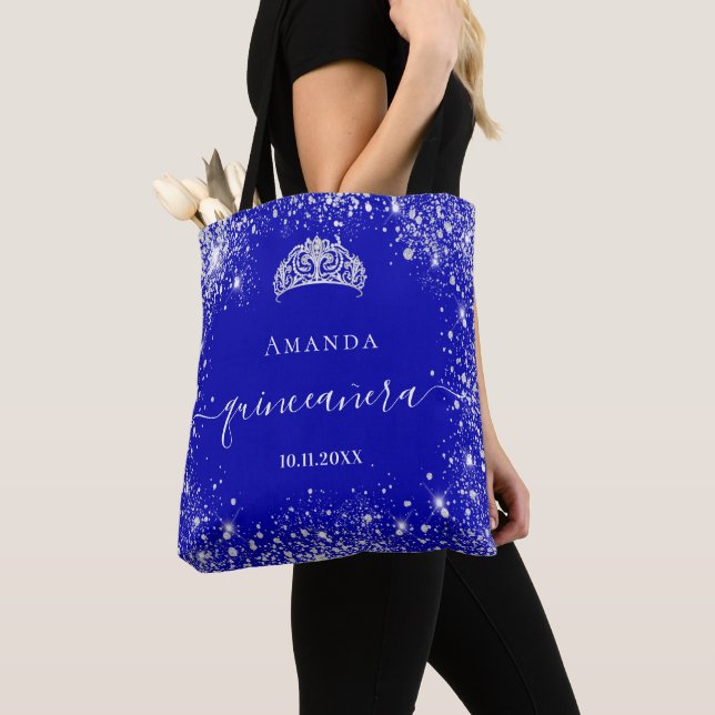 Tote Bag Quinceanera royal bleu argent parties scintillant  (De près)