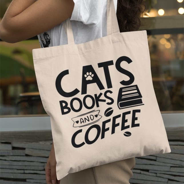 Tote Bag Quota de Cats Books Coffee Typografy Bookworm (If you are a fan of cats, books, and coffee, you will adore this tote bag.)
