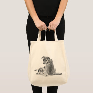 Tote Bag race mixte grise avec chiot en peluche