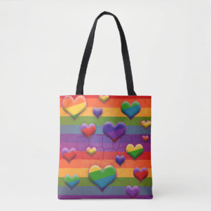 Tote Bag Rad Rainbow Hearts Striped Retro Fun Motif