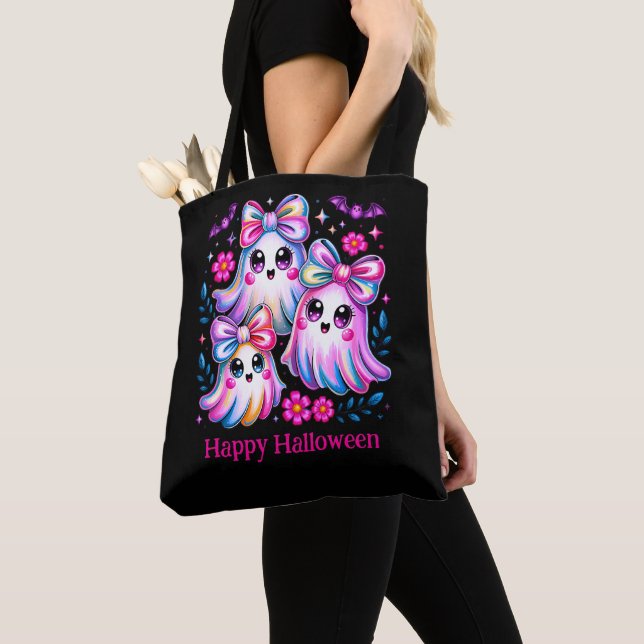 Tote Bag Rainbow Coquette Ghosts Hot Rose Halloween heureux (De près)