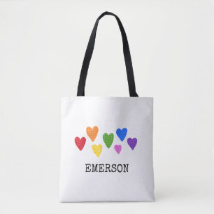 Tote Bag Rainbow Hearts Enfants Baby NAME Amour Art Amusant