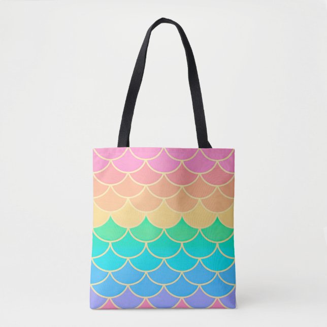 Tote Bag Rainbow Pastel Mermaid Scales Seamless Pattern (Devant)