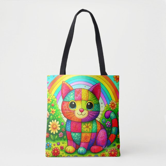 Tote Bag Rainbow Patchwork Cat Art (Devant)