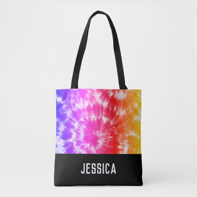 Tote Bag Rainbow Tie Dye Psychedelic Nom personnalisé (Devant)