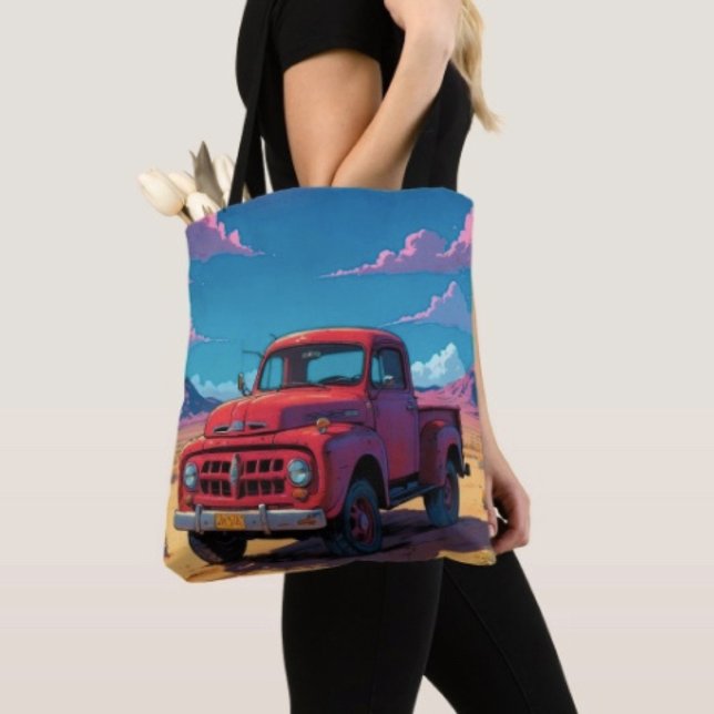 Tote Bag Ramassage Américain Classique (Retro Red Pickup Truck Desert Travel Tote Bag, laminated lining for extra support.  Made in the USA.)