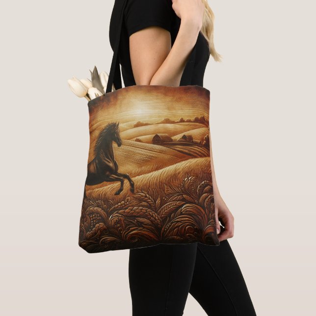 Tote Bag Ranch de chevaux en cuir au coucher du soleil (De près)