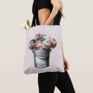 Tote Bag Ranunculus dans Tin Pail Rustique Glam rose