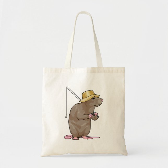 Tote Bag Rat à la pêche avec bâton de pêche (Devant)