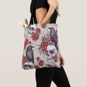 Tote Bag Ravens, crânes et fleurs