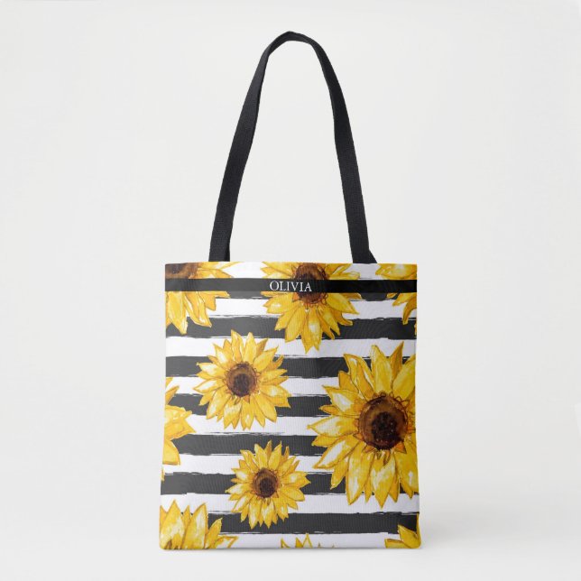 Tote Bag Rayé de Style | Tournesol Floral (Devant)