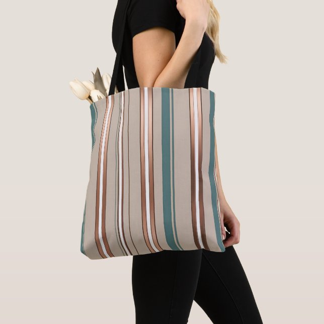 Tote Bag Rayé de vert beige et de cuivre élégant  (De près)