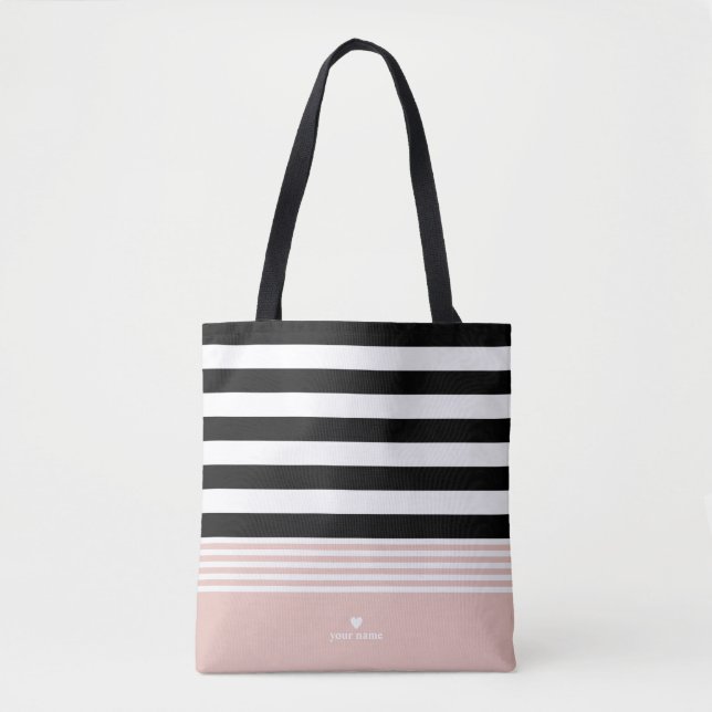 Tote Bag Rayé noir, blanc et rose personnalisé (Devant)