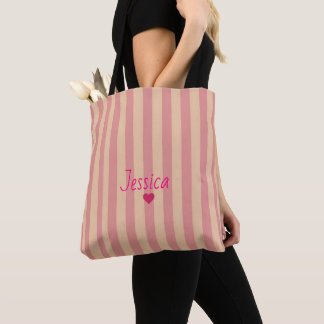 Tote Bag Rayé Rose Simple Élégant Nom Personnalisé