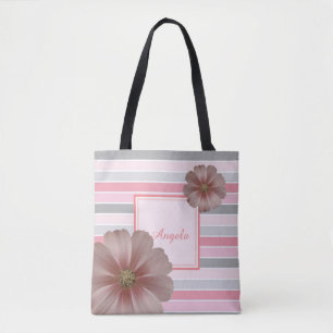 Tote Bag Rayé tendance, Fleurs -Personnalisé