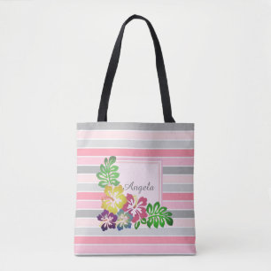 Tote Bag Rayé Tendance, Hibiscus d'Hawaï - Personnalisé