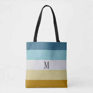 Tote Bag Rayure jaune bleue de cuir blanc de monogramme