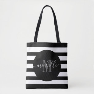Tote Bag Rayure moderne de monogramme de calligraphie noire