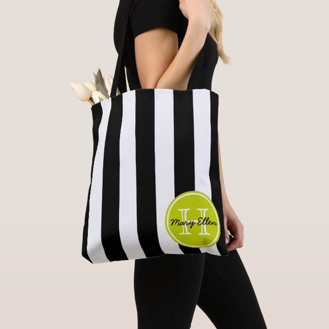 Tote Bag Rayure Noir et Blanc avec Monogramme Vert Citron (De près)