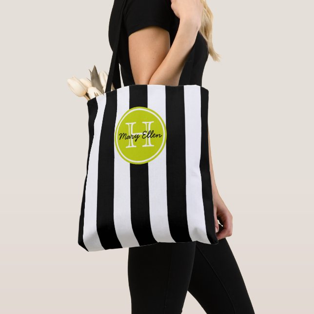 Tote Bag Rayure Noir et Blanc avec Monogramme Vert Citron (De près)