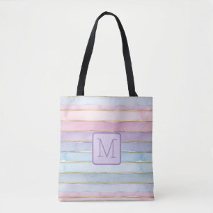 Tote Bag Rayures Aquarelles Monogramme Bloc de Couleur Viol