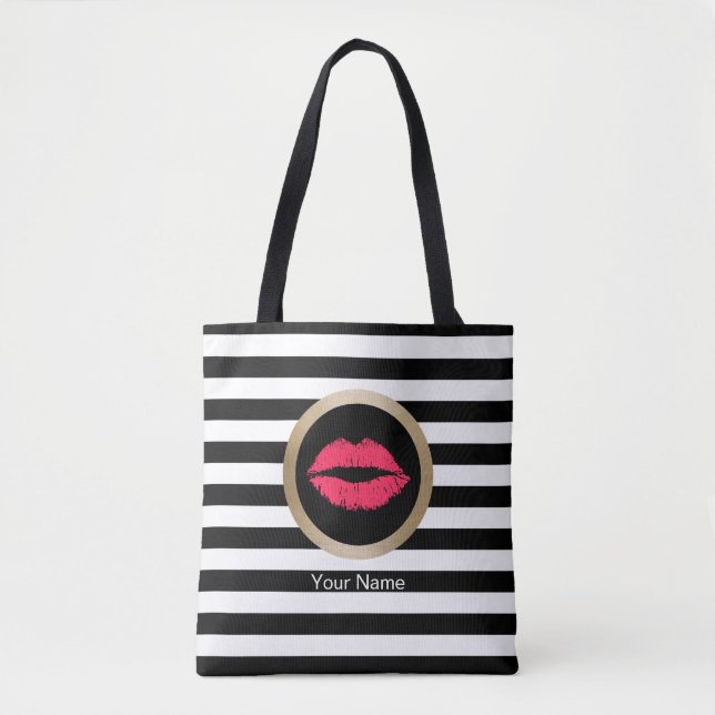 Tote Bag Rayures blanches noires modernes de lèvres rouges (Devant)