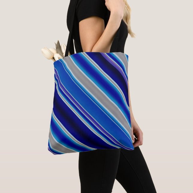Tote Bag Rayures Bleu Beige et Lavande (De près)