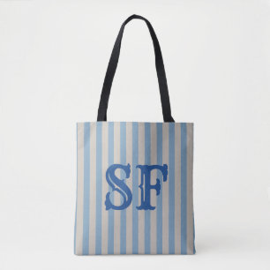 Tote Bag Rayures Bleues et Blanches Monogramme Personnalisé