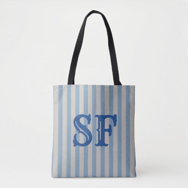 Tote Bag Rayures Bleues et Blanches Monogramme Personnalisé (Devant)