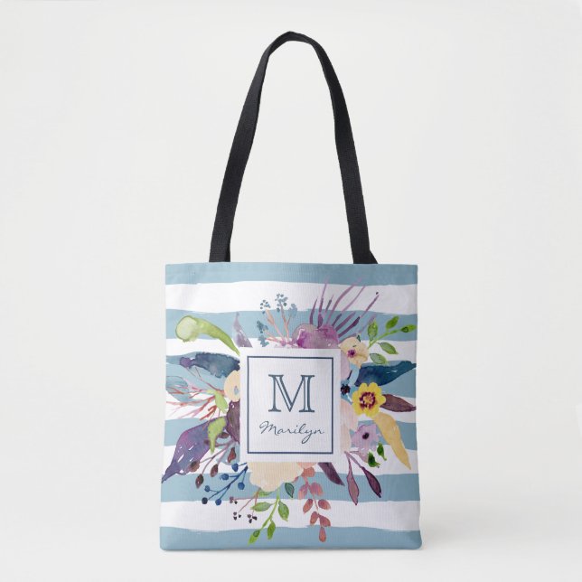 Tote Bag Rayures bleues, monogramme peint par aquarelle (Devant)