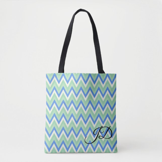 Tote Bag Rayures Chevron Bleu Vert et Blanc (Devant)