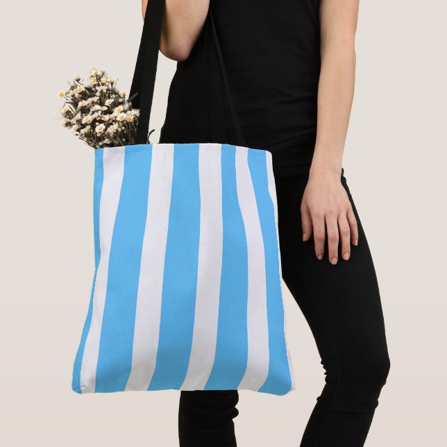 Tote Bag Rayures de cabane bleu ciel et blanc  (De près)